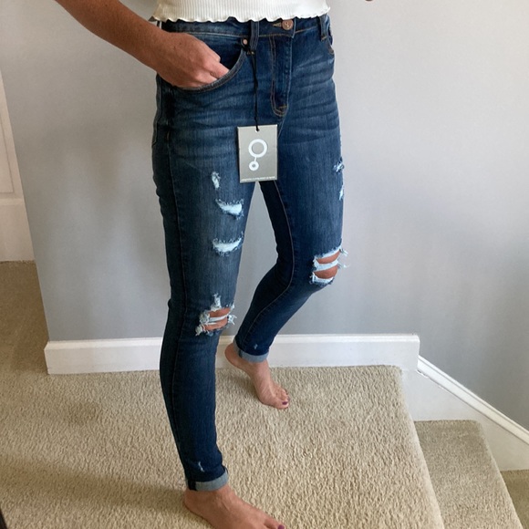 Dark Denim Mid Rise Ankle Skinny Distressed Jeans - Picture 2 of 8